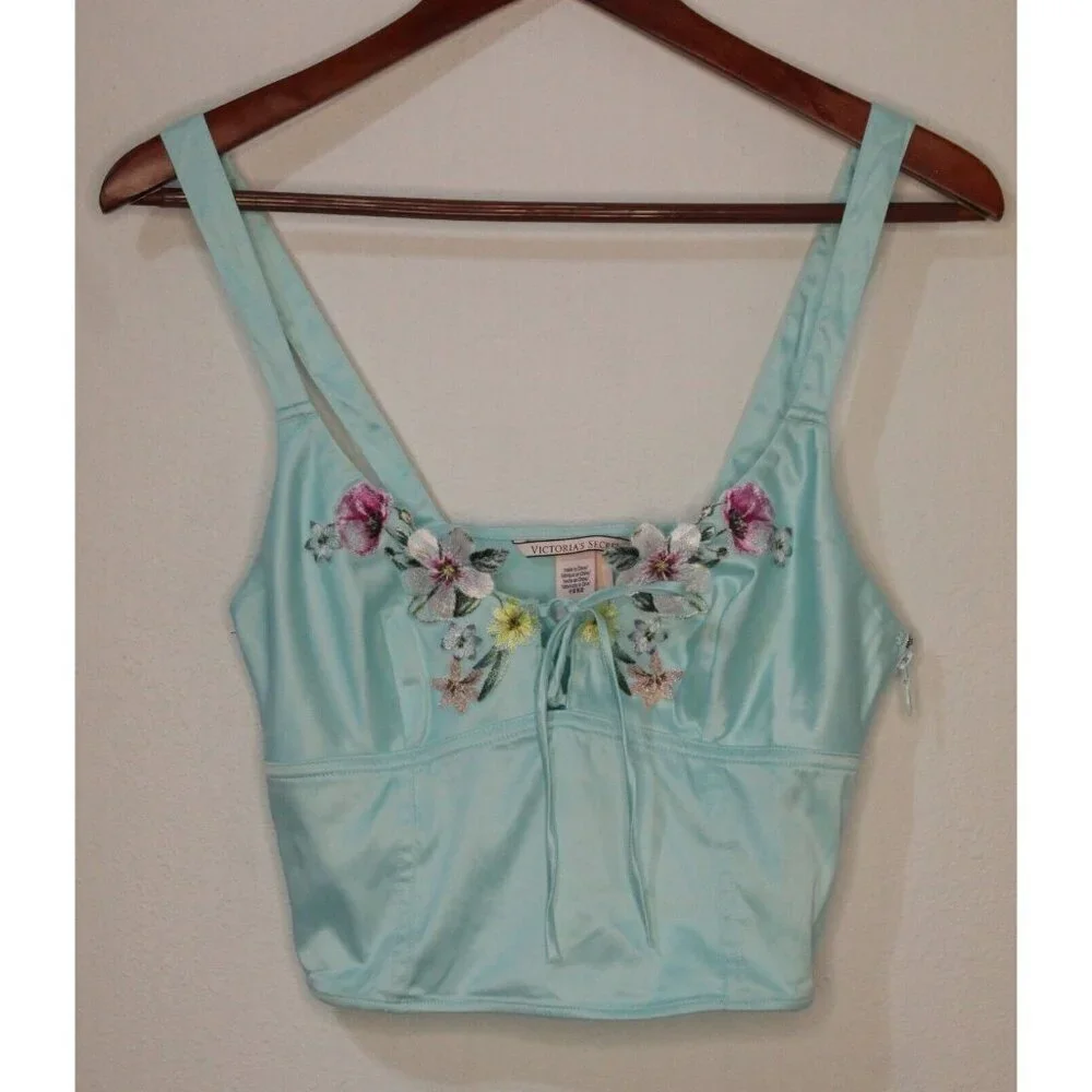 NWT Victoria Secret Lt. Blue/Green Lace Embellished Side Zip Cami Size Small - Picture 1 of 14
